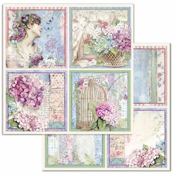 Stamperia Designpapier Double Face paper 4 cards (Hortensia)