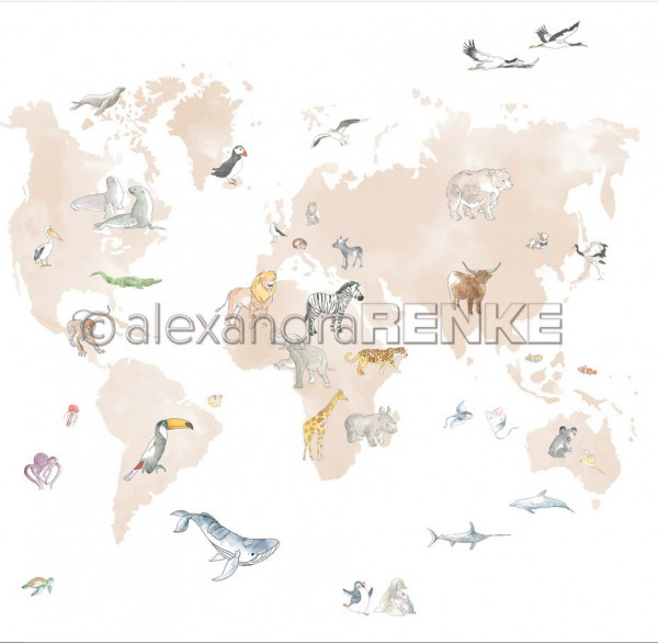 alexandraRENKE Designpapier Weltkarte mit Tieren