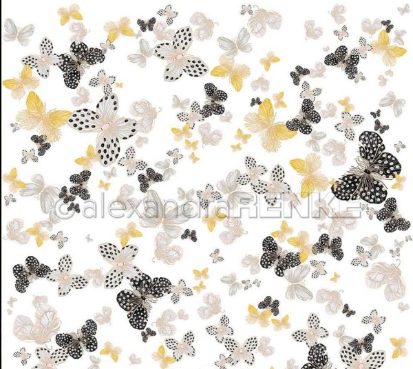 alexandraRENKE Bucheinbandpapier 'Getümmel Schmetterlinge Blaugrau Schwarz und Gelb' 120 g/m²