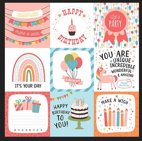Echo Park - Birthday Girl - 4X4 Journaling Cards ca. 30 x 30 cm